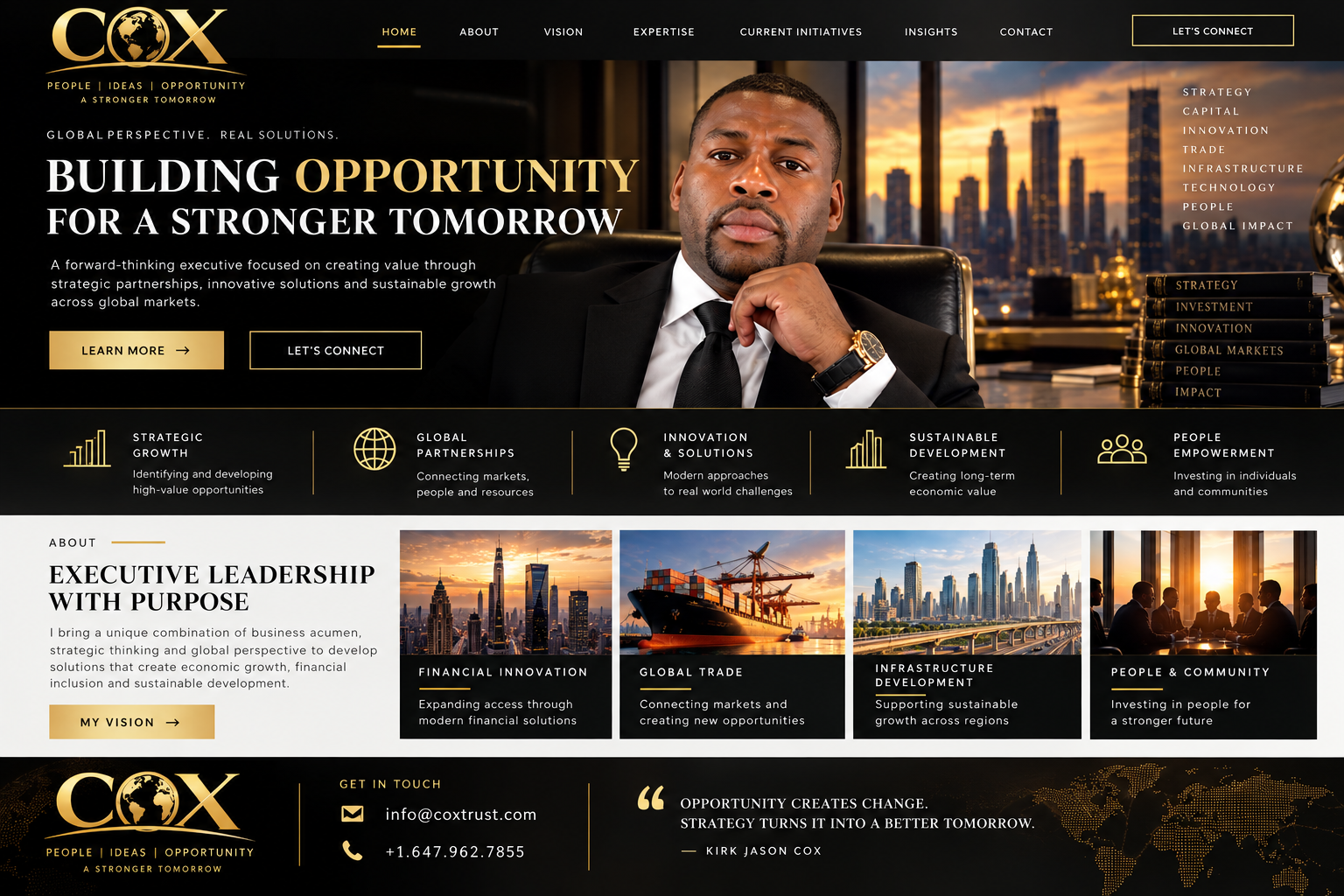 COX executive homepage design featuring the gold COX globe logo, Kirk Jason Cox's portrait, executive leadership messaging, current focus areas, and contact details.